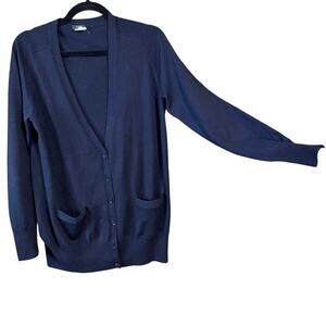 J. crew 100% merino wool navy blue cardigan sweater professor dark academia L